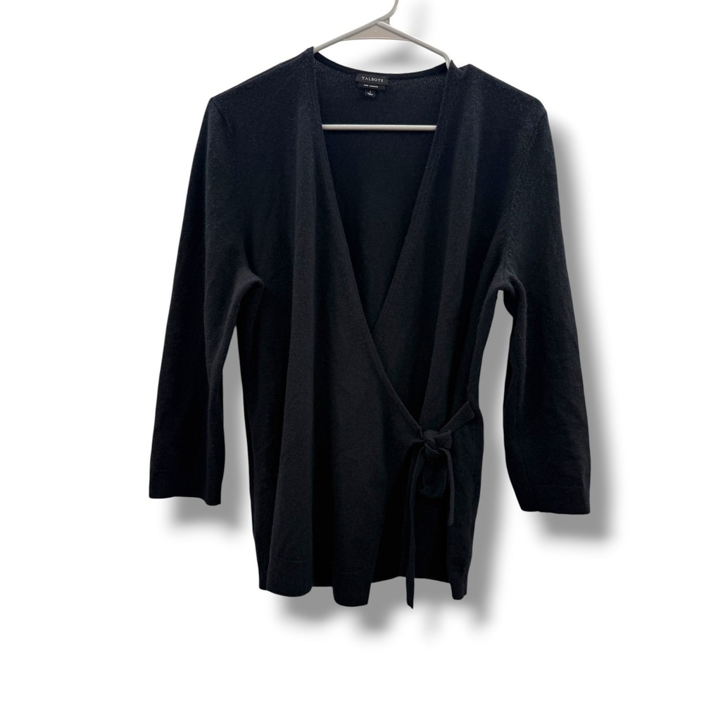 Talbots Wrap Cardigan Womens Large Black Pure Cashmere Tie V-Neck 3/4 Sleeve